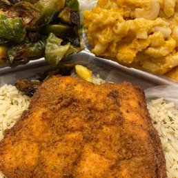 Fried Salmon over rice with Brussel sprouts and Mac & Cheese Fried Salmon over rice with Brussel sprouts and Mac & Cheese