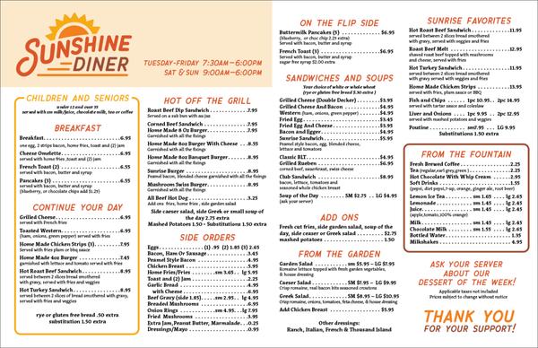 Menu photo 2 Sunshine Diner Owen Sound, ON Menu photo 2 Sunshine Diner Owen Sound, ON
