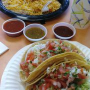 Photo of Cotija's Taco Shop - San Diego, CA, United States. Two taco plate- chicken (above) and two fish tacos (below)