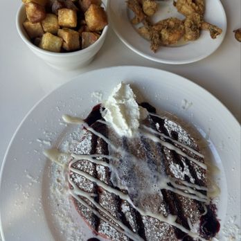 Brunch Junction - Red Velvet Waffle, Fry Potatoes and fried shrimp - Breakfast & Brunch Near Me - Pearland, Texas