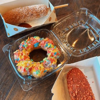 Mochinut - Original and hot Cheetos corn dog  Fruity pebble mochi donut - Donuts Near Me - Allston, Massachusetts