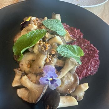 In Bloom - Mushrooms with beet muhammara - New American Near Me - Paso Robles, California In Bloom - Mushrooms with beet muhammara - New American Near Me - Paso Robles, California