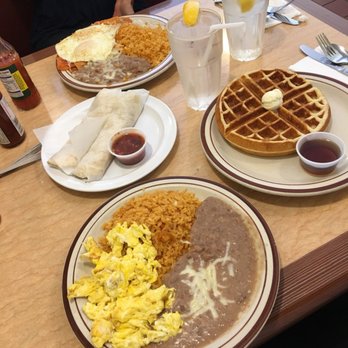 CJ’s Cafe - Top on down: Chilaquiles con arroz y frijoles y huevos.  Tortillas Waffles Huevos con arroz y frijoles - Mexican Near Me - Los Angeles, California
