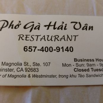 Pho Ga Hai Van - Contact info :-) suggest for to-go, call ahead per the owner. - Vietnamese Near Me - Westminster, California Pho Ga Hai Van - Contact info :-) suggest for to-go, call ahead per the owner. - Vietnamese Near Me - Westminster, California