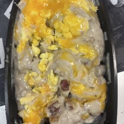 Home fries, scrambled eggs and gravy