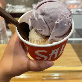 Salt & Straw - Double scoop ($8.50) of Honey Lavender and Sea Salt w/ Caramel Ribbons. The honey lavender is my all time favorite flavor! - Ice Cream & Frozen Yogurt Near Me - San Diego, California