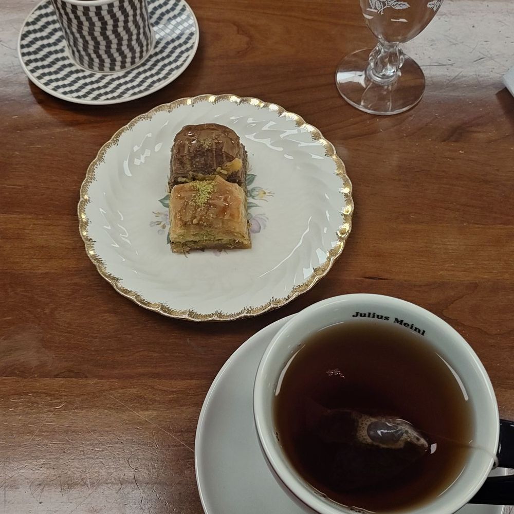 Black tea, baklava, Turkish coffee.