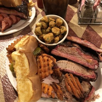 Danny's Place - Brisket, ribs, and some turkey at the bottom.  Sweet potato waffle fries and fried okra. - Barbeque Near Me - Carlsbad, New Mexico