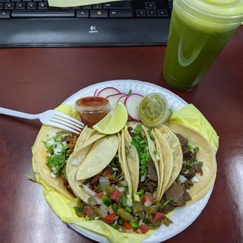 Jugos Tropical Oasis - Two al pastor tacos, two lengua tacos, Bali Jugo de Frutas - Food Trucks Near Me - Santa Ana, California Jugos Tropical Oasis - Two al pastor tacos, two lengua tacos, Bali Jugo de Frutas - Food Trucks Near Me - Santa Ana, California