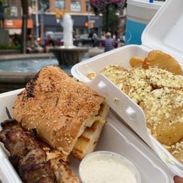 Pork and chicken skewers. Feta fries.