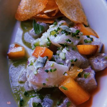 Odd Duck - Redfish ceviche*, shishito aguachile, peach, cucumber, potato chip - American Near Me - Austin, Texas Odd Duck - Redfish ceviche*, shishito aguachile, peach, cucumber, potato chip - American Near Me - Austin, Texas