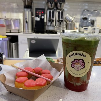 Goldmiss - Strawberry Mochi Donut and Strawberry Matcha Latte with Oatmilk - Coffee & Tea Near Me - Honolulu, Hawaii
