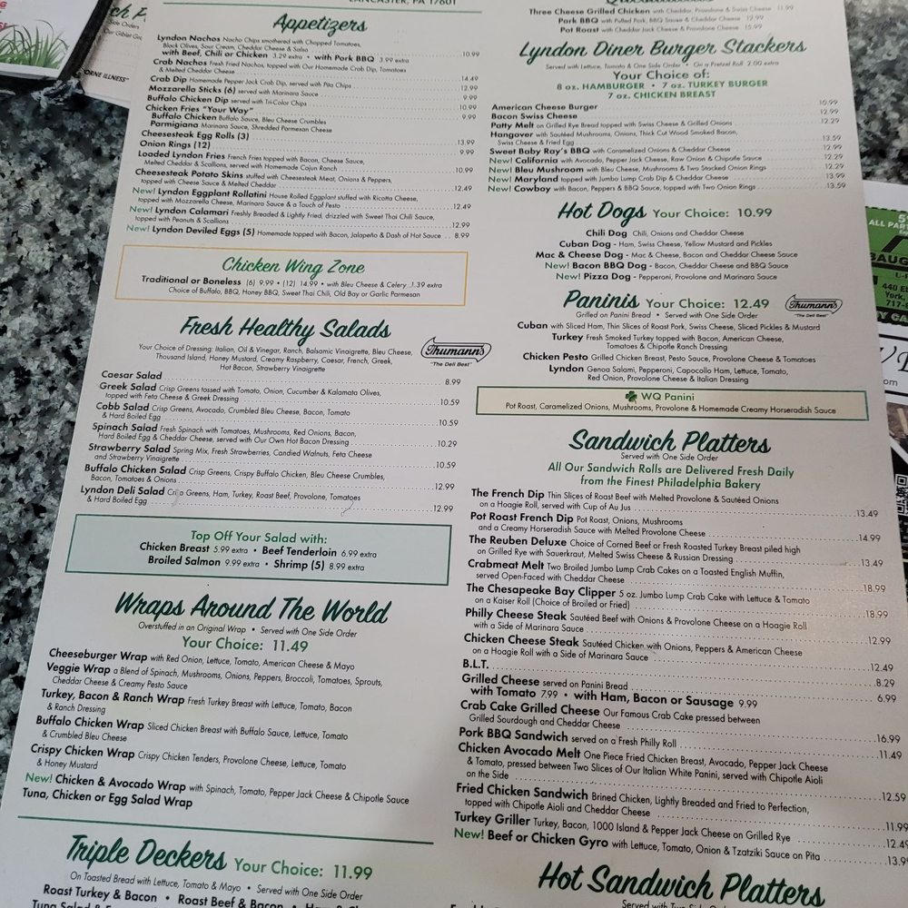 Lyndon Diner - Front of menu - Diners Near Me - York, Pennsylvania