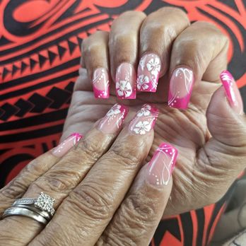 Pro Nails - Close up of pink flower design full gel manicure. - Nail Salons Near Me - Honolulu, Hawaii