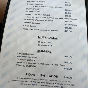 The Point - A menu listing seafood, burgers, quesadillas, and point fish tacos, with prices and descriptions, at a waterfront restaurant. - American Near Me - Marshfield, Massachusetts