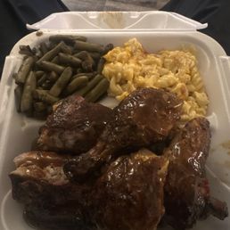 Ribs and chicken with all the sauces! (Yes! The "Hot as hell" too) Mac n cheese, green beans! Ribs and chicken with all the sauces! (Yes! The "Hot as hell" too) Mac n cheese, green beans!