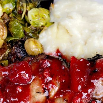Toomey's - Pork chop with berry sauce, Brussel sprouts, garlic mash potatoes - New American Near Me - Mammoth Lakes, California Toomey's - Pork chop with berry sauce, Brussel sprouts, garlic mash potatoes - New American Near Me - Mammoth Lakes, California