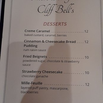 Cliff Bell's - Dessert menu. Bread pudding was on drier side. - Bars Near Me - Detroit, Michigan