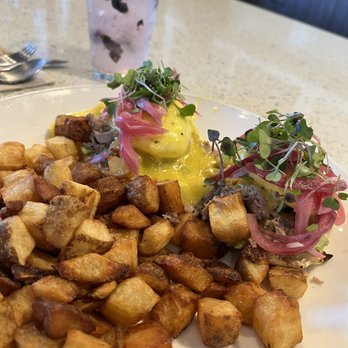 Beach Plum Kitchen - Carnitas Benedict. Kind of a letdown for my husband, but dipping the potatoes in the jalapeño hollandaise was pretty good. - New American Near Me - Carlsbad, California Beach Plum Kitchen - Carnitas Benedict. Kind of a letdown for my husband, but dipping the potatoes in the jalapeño hollandaise was pretty good. - New American Near Me - Carlsbad, California