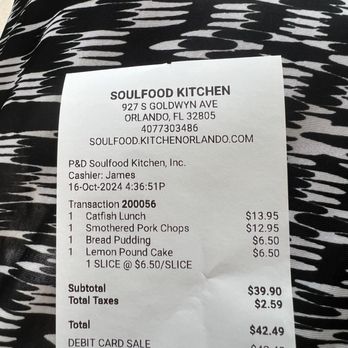 P & D Soulfood Kitchen - My bill - Soul Food Near Me - Orlando, Florida