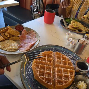 OEB Breakfast - Kelly Ramsey - Waffle, eggs, rosemary ham, breakfast potatoes. - Breakfast & Brunch Near Me - Edmonton, Alberta