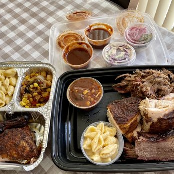 Smokin J's BBQ - Take out order for our family of 3. Left side -TV-Dark Chicken with Mac and Smoked Succotash. Right side - 3x3 with Mac, beans and slaw - Caterers Near Me - Poway, California Smokin J's BBQ - Take out order for our family of 3. Left side -TV-Dark Chicken with Mac and Smoked Succotash. Right side - 3x3 with Mac, beans and slaw - Caterers Near Me - Poway, California