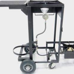 Tejas Smokers - Transformer Cart with high pressure burner in position at lower level.