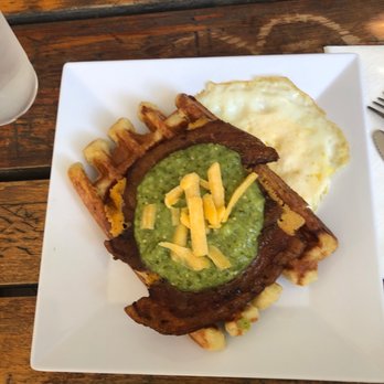 The Waffle Window - Spicy Bacon Cheddar Jalapeno w/ egg on side - Breakfast & Brunch Near Me - Portland, Oregon