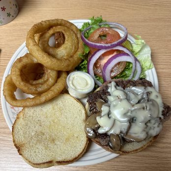 Mountain Quail Cafe - Mushroom Swiss cheeseburger - American Near Me - Quartzsite, Arizona Mountain Quail Cafe - Mushroom Swiss cheeseburger - American Near Me - Quartzsite, Arizona