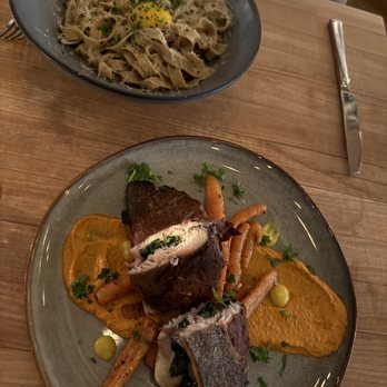 Indaco - Prosciutto wrapped spinach filled NC Trout. Served on a smoky romesco and wood fired carrots. The pasta is a Black Pepper Tagliatelle. - Italian Near Me - Charlotte, North Carolina Indaco - Prosciutto wrapped spinach filled NC Trout. Served on a smoky romesco and wood fired carrots. The pasta is a Black Pepper Tagliatelle. - Italian Near Me - Charlotte, North Carolina
