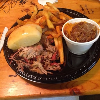 The Smokin Pig - Pulled pork plate with fries and sweet potato crunch - Barbeque Near Me - Pendleton, South Carolina The Smokin Pig - Pulled pork plate with fries and sweet potato crunch - Barbeque Near Me - Pendleton, South Carolina