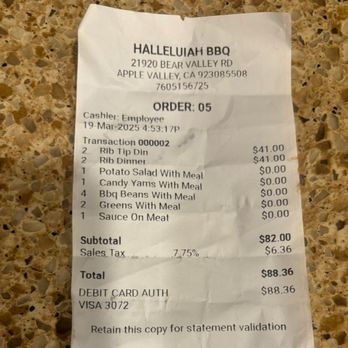 Halleluiah BBQ - Proof of purchase. - Barbeque Near Me - Apple Valley, California Halleluiah BBQ - Proof of purchase. - Barbeque Near Me - Apple Valley, California