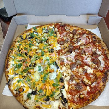 New York Pizza & Plus - XL Pizza  half artichoke fiesta with white sauce the other half is the meat lovers with extra chicken added - Pizza Near Me - Sacramento, California
