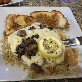 Bluewater Seafood - 290 - Grilled Chicken breast with melted cheese and sautéed mushrooms with shrimp fried rice lunch plate - Seafood Near Me - Houston, Texas Bluewater Seafood - 290 - Grilled Chicken breast with melted cheese and sautéed mushrooms with shrimp fried rice lunch plate - Seafood Near Me - Houston, Texas