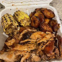 Jerk Chicken, Plantain, corn