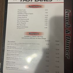 Fast Lanes & Pit Stop Restaurant - 2026 menu
