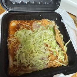 Combo #5 -Cheese enchilada, beef taco, rice and beans.