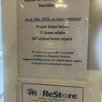 Habitat for Humanity ReStore - As of July 2026, local assistance provided for new homes, rehabs, and critical home repairs is provided by Habitat for Humanity - Community Service/Non-Profit Near Me - Harrisburg, Pennsylvania Habitat for Humanity ReStore - As of July 2026, local assistance provided for new homes, rehabs, and critical home repairs is provided by Habitat for Humanity - Community Service/Non-Profit Near Me - Harrisburg, Pennsylvania
