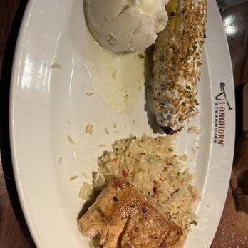 LongHorn Steakhouse - Salmon Plater. Mashed potatoes,rice and corn on the cob street style. - Steakhouses Near Me - Garner, North Carolina LongHorn Steakhouse - Salmon Plater. Mashed potatoes,rice and corn on the cob street style. - Steakhouses Near Me - Garner, North Carolina