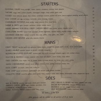 Cotton & Rye - Dinner menu as of 19 Feb 2025 - New American Near Me - Savannah, Georgia