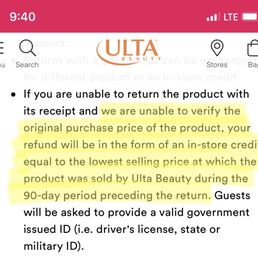 Ulta's return policy language.