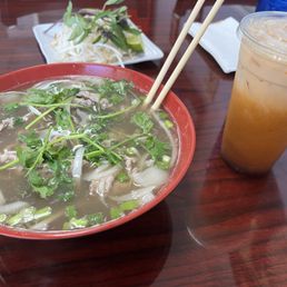 Beef pho with Thai tea