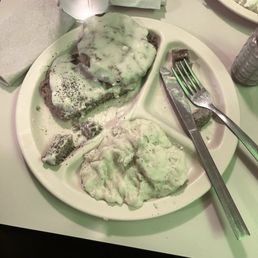 Chicken Fried Steak with mashed Potatoes and Salad. The steak was battered just right and the steak was tender. Chicken Fried Steak with mashed Potatoes and Salad. The steak was battered just right and the steak was tender.