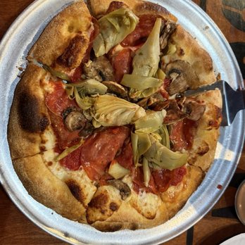 Lou's Wood Fire Pizza - The Eddy pizza: pepperoni, mushrooms, artichokes, regular crust - Pizza Near Me - Del Rio, Texas Lou's Wood Fire Pizza - The Eddy pizza: pepperoni, mushrooms, artichokes, regular crust - Pizza Near Me - Del Rio, Texas