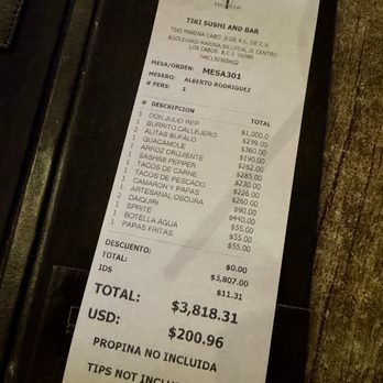 Tiki Bar - Our Bills - Sushi Bars Near Me - Cabo San Lucas, BCS