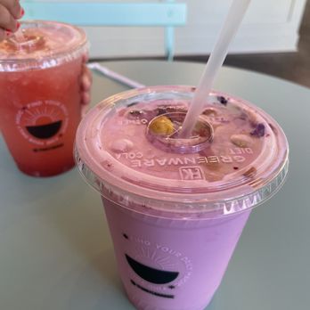 Matcha Magic Bellevue - Rose glow (no matcha) and strawberry lemonade in the background. - Coffee & Tea Near Me - Bellevue, Washington