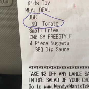 Wendy's - And still got tomato on my junior bacon cheeseburger - Fast Food Near Me - Pearland, Texas Wendy's - And still got tomato on my junior bacon cheeseburger - Fast Food Near Me - Pearland, Texas