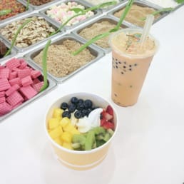 Frozen yogurt with fresh fruit and Thai tea boba! Frozen yogurt with fresh fruit and Thai tea boba!