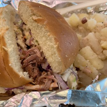 Southern Zen Barbecue - Pulled pork sandwich w/ pig candy coleslaw and side of German potato salad - Soul Food Near Me - Chico, California Southern Zen Barbecue - Pulled pork sandwich w/ pig candy coleslaw and side of German potato salad - Soul Food Near Me - Chico, California