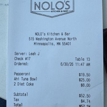 NOLO's Kitchen & Bar - Our receipt - Bars Near Me - Minneapolis, Minnesota